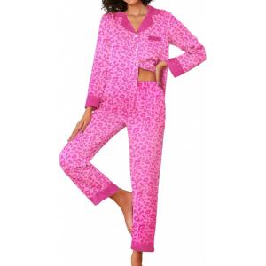 imageEkouaer Silk Pajamas Striped Animal Print Satin Pj Sets Button Down Long Sleeve Silky Pjs Sleepwear Loungewear for WomenPink Leopard