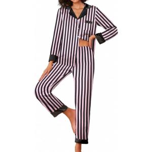 imageEkouaer Silk Pajamas Striped Animal Print Satin Pj Sets Button Down Long Sleeve Silky Pjs Sleepwear Loungewear for WomenPink and Black Stripes