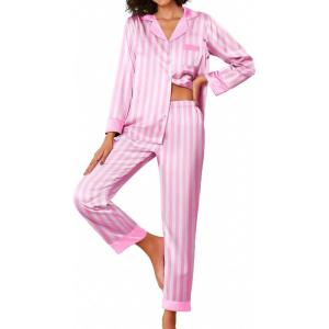 imageEkouaer Silk Pajamas Striped Animal Print Satin Pj Sets Button Down Long Sleeve Silky Pjs Sleepwear Loungewear for WomenPink and White Stripes