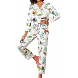 imageEkouaer Silk Pajamas Striped Animal Print Satin Pj Sets Button Down Long Sleeve Silky Pjs Sleepwear Loungewear for WomenPrimeval Forest