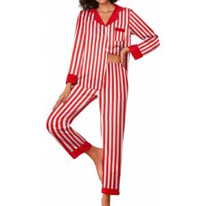 imageEkouaer Silk Pajamas Striped Animal Print Satin Pj Sets Button Down Long Sleeve Silky Pjs Sleepwear Loungewear for WomenRed and White Stripes