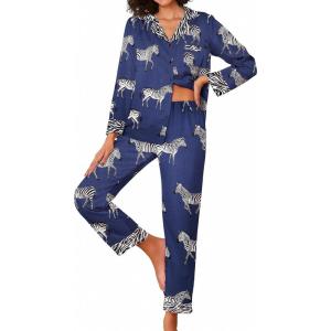 imageEkouaer Silk Pajamas Striped Animal Print Satin Pj Sets Button Down Long Sleeve Silky Pjs Sleepwear Loungewear for WomenZebra Print