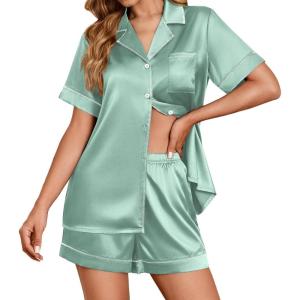 imageEkouaer Womens Satin Silk Pajamas Set Short Sleeve Sleepwear Button Down Top and Shorts Loungewear 2 Piece Pjs Set SXXLLight Green