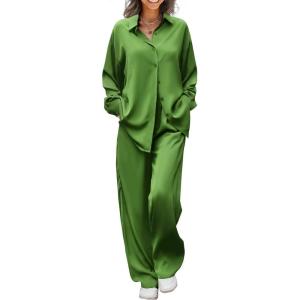 imageEkouaer Womens Satin Silky Pajama Set 2 Piece Print PJs Soft Loungewear Button Down Sleepwear with Elastic Waist Long PantsArmy Green