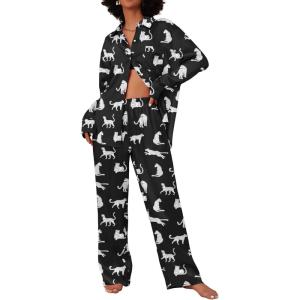 imageEkouaer Womens Satin Silky Pajama Set 2 Piece Print PJs Soft Loungewear Button Down Sleepwear with Elastic Waist Long PantsBblack Leopard