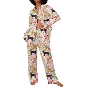 imageEkouaer Womens Satin Silky Pajama Set 2 Piece Print PJs Soft Loungewear Button Down Sleepwear with Elastic Waist Long PantsBblack Panther Seed