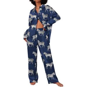 imageEkouaer Womens Satin Silky Pajama Set 2 Piece Print PJs Soft Loungewear Button Down Sleepwear with Elastic Waist Long PantsBblack Zebra