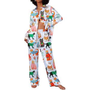 imageEkouaer Womens Satin Silky Pajama Set 2 Piece Print PJs Soft Loungewear Button Down Sleepwear with Elastic Waist Long PantsBblue Cat