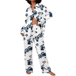 imageEkouaer Womens Satin Silky Pajama Set 2 Piece Print PJs Soft Loungewear Button Down Sleepwear with Elastic Waist Long PantsBblue Flower