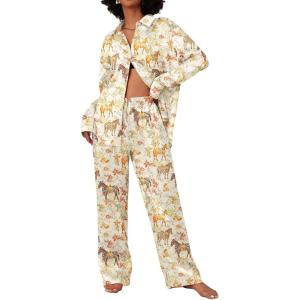 imageEkouaer Womens Satin Silky Pajama Set 2 Piece Print PJs Soft Loungewear Button Down Sleepwear with Elastic Waist Long PantsBchampagne Horse