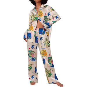 imageEkouaer Womens Satin Silky Pajama Set 2 Piece Print PJs Soft Loungewear Button Down Sleepwear with Elastic Waist Long PantsBchampagne Pigeon