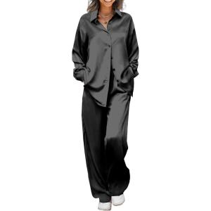 imageEkouaer Womens Satin Silky Pajama Set 2 Piece Print PJs Soft Loungewear Button Down Sleepwear with Elastic Waist Long PantsBlack