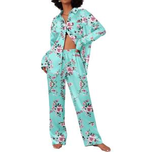 imageEkouaer Womens Satin Silky Pajama Set 2 Piece Print PJs Soft Loungewear Button Down Sleepwear with Elastic Waist Long PantsBlitter Pink Flower