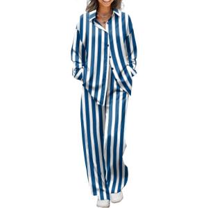 imageEkouaer Womens Satin Silky Pajama Set 2 Piece Print PJs Soft Loungewear Button Down Sleepwear with Elastic Waist Long PantsBlue White Stripes