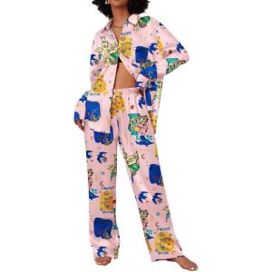imageEkouaer Womens Satin Silky Pajama Set 2 Piece Print PJs Soft Loungewear Button Down Sleepwear with Elastic Waist Long PantsBpink Pigeon