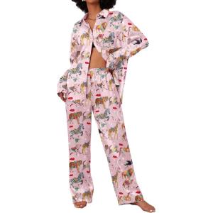 imageEkouaer Womens Satin Silky Pajama Set 2 Piece Print PJs Soft Loungewear Button Down Sleepwear with Elastic Waist Long PantsBpink Swan