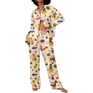 imageEkouaer Womens Satin Silky Pajama Set 2 Piece Print PJs Soft Loungewear Button Down Sleepwear with Elastic Waist Long PantsByellow Dog