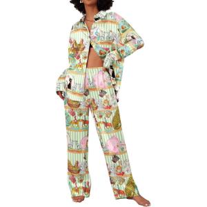 imageEkouaer Womens Satin Silky Pajama Set 2 Piece Print PJs Soft Loungewear Button Down Sleepwear with Elastic Waist Long PantsByellow Leopard