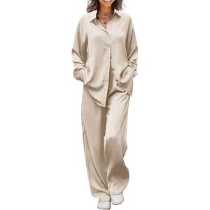imageEkouaer Womens Satin Silky Pajama Set 2 Piece Print PJs Soft Loungewear Button Down Sleepwear with Elastic Waist Long PantsChampagne
