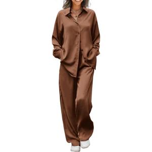 imageEkouaer Womens Satin Silky Pajama Set 2 Piece Print PJs Soft Loungewear Button Down Sleepwear with Elastic Waist Long PantsClay