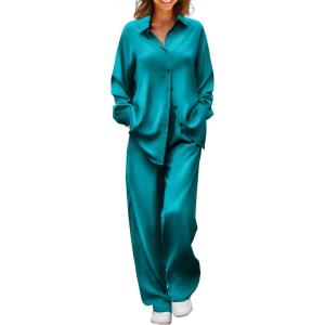 imageEkouaer Womens Satin Silky Pajama Set 2 Piece Print PJs Soft Loungewear Button Down Sleepwear with Elastic Waist Long PantsDark Peacock Blue