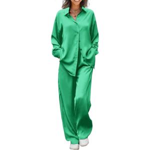 imageEkouaer Womens Satin Silky Pajama Set 2 Piece Print PJs Soft Loungewear Button Down Sleepwear with Elastic Waist Long PantsGreen