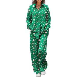 imageEkouaer Womens Satin Silky Pajama Set 2 Piece Print PJs Soft Loungewear Button Down Sleepwear with Elastic Waist Long PantsGreen Christmas Snowflakes