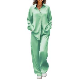 imageEkouaer Womens Satin Silky Pajama Set 2 Piece Print PJs Soft Loungewear Button Down Sleepwear with Elastic Waist Long PantsIce Green