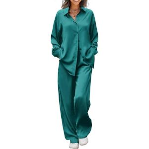 imageEkouaer Womens Satin Silky Pajama Set 2 Piece Print PJs Soft Loungewear Button Down Sleepwear with Elastic Waist Long PantsLake Green