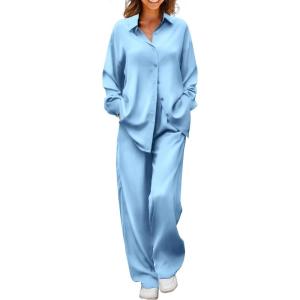 imageEkouaer Womens Satin Silky Pajama Set 2 Piece Print PJs Soft Loungewear Button Down Sleepwear with Elastic Waist Long PantsLight Blue