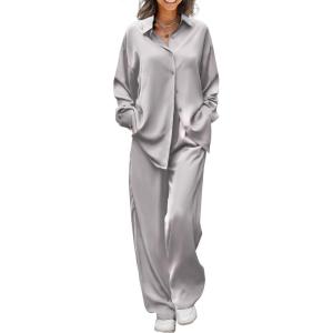imageEkouaer Womens Satin Silky Pajama Set 2 Piece Print PJs Soft Loungewear Button Down Sleepwear with Elastic Waist Long PantsLight Grey