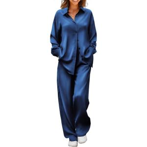 imageEkouaer Womens Satin Silky Pajama Set 2 Piece Print PJs Soft Loungewear Button Down Sleepwear with Elastic Waist Long PantsNavy Blue