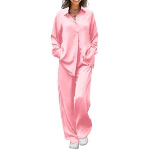 imageEkouaer Womens Satin Silky Pajama Set 2 Piece Print PJs Soft Loungewear Button Down Sleepwear with Elastic Waist Long PantsPink
