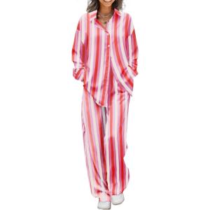 imageEkouaer Womens Satin Silky Pajama Set 2 Piece Print PJs Soft Loungewear Button Down Sleepwear with Elastic Waist Long PantsPink Yellow Stripes