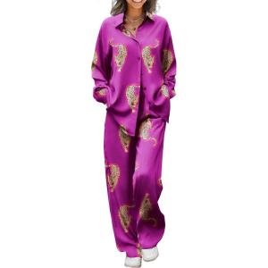 imageEkouaer Womens Satin Silky Pajama Set 2 Piece Print PJs Soft Loungewear Button Down Sleepwear with Elastic Waist Long PantsPurple Large Leopard