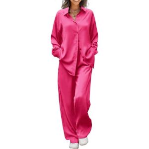 imageEkouaer Womens Satin Silky Pajama Set 2 Piece Print PJs Soft Loungewear Button Down Sleepwear with Elastic Waist Long PantsRose Red