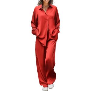 imageEkouaer Womens Satin Silky Pajama Set 2 Piece Print PJs Soft Loungewear Button Down Sleepwear with Elastic Waist Long PantsTrue Red