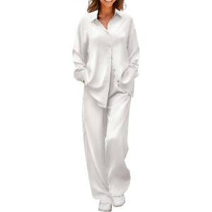 imageEkouaer Womens Satin Silky Pajama Set 2 Piece Print PJs Soft Loungewear Button Down Sleepwear with Elastic Waist Long PantsWhite
