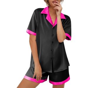 imageEkouaer Womens Silk Satin Pajamas Set Button Down Short Sleeve Lounge Set 2 Piece Notch Collar Sleepwear Sets Soft Pjs SXXLBlack