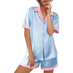 imageEkouaer Womens Silk Satin Pajamas Set Button Down Short Sleeve Lounge Set 2 Piece Notch Collar Sleepwear Sets Soft Pjs SXXLBlue