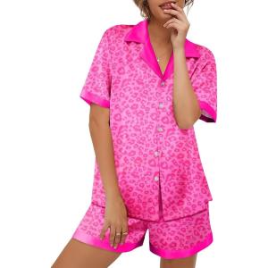 imageEkouaer Womens Silk Satin Pajamas Set Button Down Short Sleeve Lounge Set 2 Piece Notch Collar Sleepwear Sets Soft Pjs SXXLPink Leopard