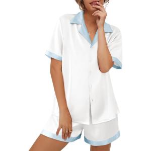 imageEkouaer Womens Silk Satin Pajamas Set Button Down Short Sleeve Lounge Set 2 Piece Notch Collar Sleepwear Sets Soft Pjs SXXLWhite
