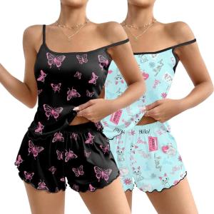 imageEkouaer 2 Pack Womens Cami Pajama Sets Cute Print Tank Top Pjs and Shorts Camisole Lounge SetBlack Butterflyblue Cat