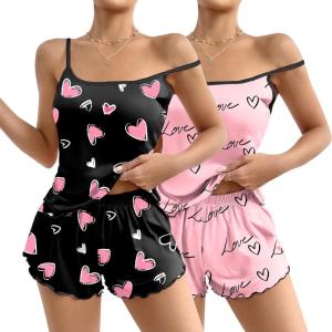 imageEkouaer 2 Pack Womens Cami Pajama Sets Cute Print Tank Top Pjs and Shorts Camisole Lounge SetBlack Heartpink Love