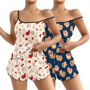 imageEkouaer 2 Pack Womens Cami Pajama Sets Cute Print Tank Top Pjs and Shorts Camisole Lounge SetCute Heartcute Dog