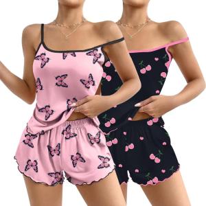 imageEkouaer 2 Pack Womens Cami Pajama Sets Cute Print Tank Top Pjs and Shorts Camisole Lounge SetPink Butterflyblack Cherry