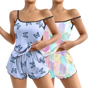 imageEkouaer 2 Pack Womens Cami Pajama Sets Cute Print Tank Top Pjs and Shorts Camisole Lounge SetPueple Butterflycandy Print