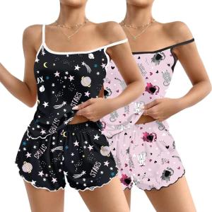 imageEkouaer 2 Pack Womens Cami Pajama Sets Cute Print Tank Top Pjs and Shorts Camisole Lounge SetStarry Skycute Cat