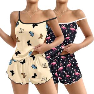 imageEkouaer 2 Pack Womens Cami Pajama Sets Cute Print Tank Top Pjs and Shorts Camisole Lounge SetYellow Butterflyflamingo