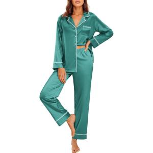 imageEkouaer Satin Pajama Set for Women Silky Sleepwear Long Sleeve Top and Pants Button Down Pjs Lounge SetBlue Green